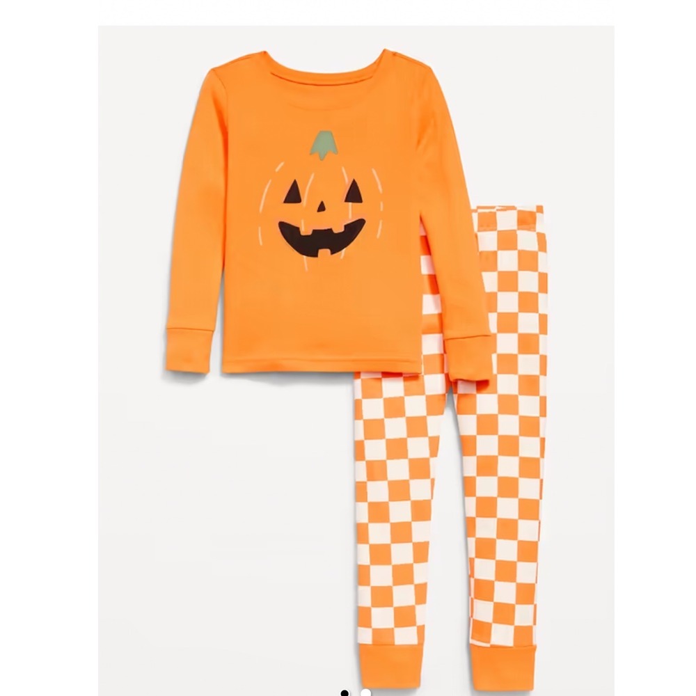 Old Navy Kids Orange Pumpkin Halloween cotton Pajama Set Checkered Pants 6T NEW